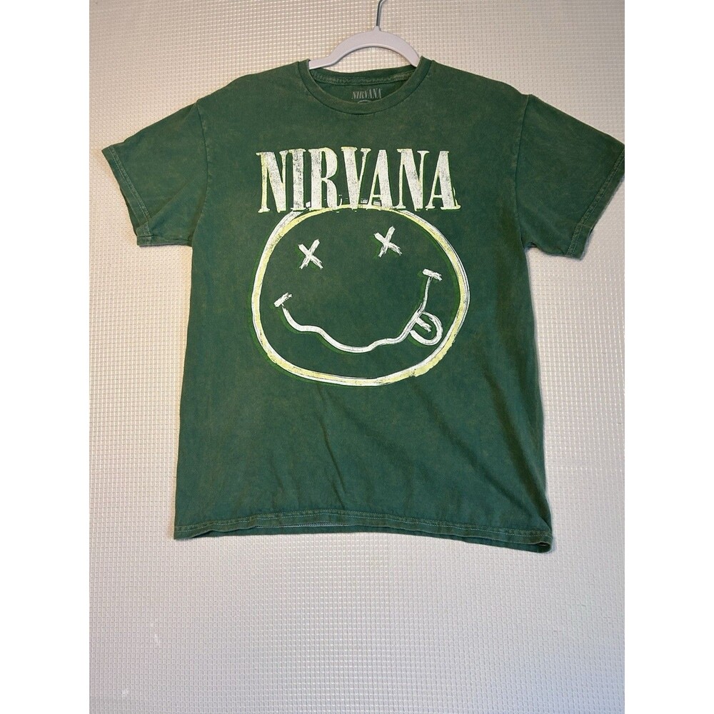Nirvana Green Smiley Face Graphic T-Shirt Size Rock & Pop Music Tee-Medium